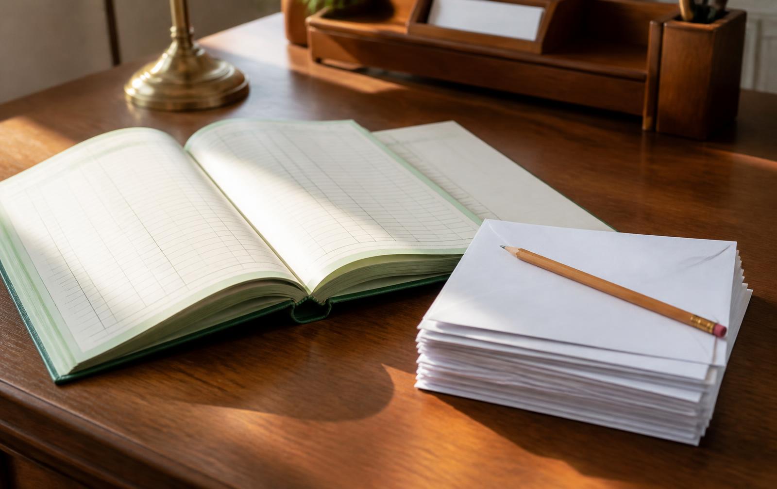 An open ledger and offering envelopes on a sunlit wooden desk